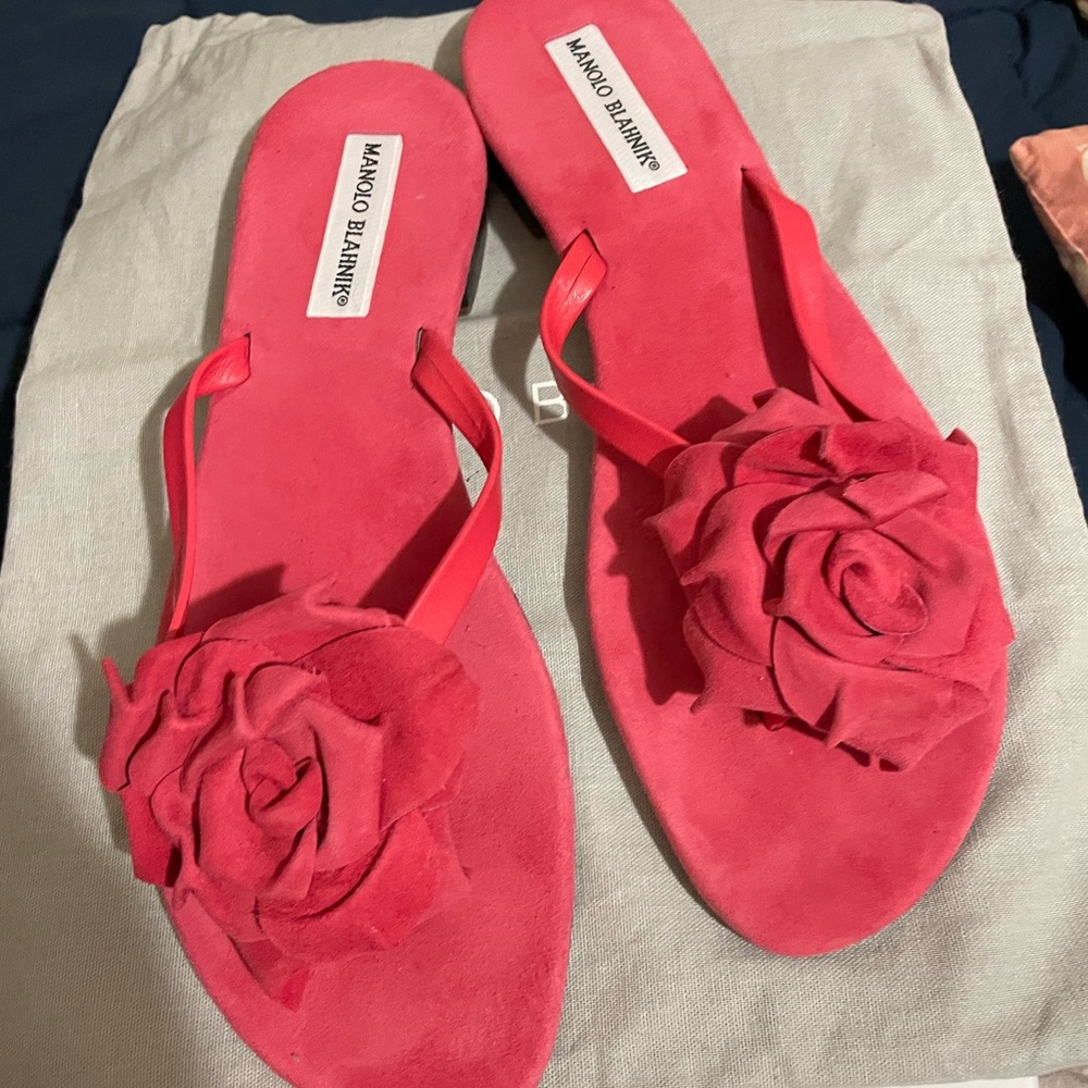 Manolo Blahnik Pink 3D Rose Slippers